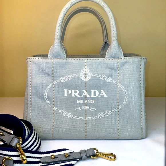 Prada Canapa RARE Slate Gray/Blue Small Tote Original Strap w/ COA - Picture 4 of 15